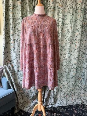 Modcloth Paisley Long-Sleeve Tiered Mini Dress in Mauve Pink